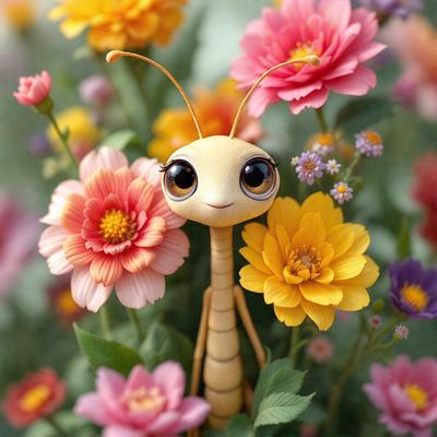 The primary subject of the image is a toy grasshopper, which is posed in a flower garden. The setting is a vibrant and colorful flower field, with various flowers surrounding the grasshopper. The visual style of the image is a combination of photo and digital art, creating a unique and eye-catching scene. The dominant colors in the image are pink, yellow, and orange, giving the scene a cheerful and lively atmosphere.